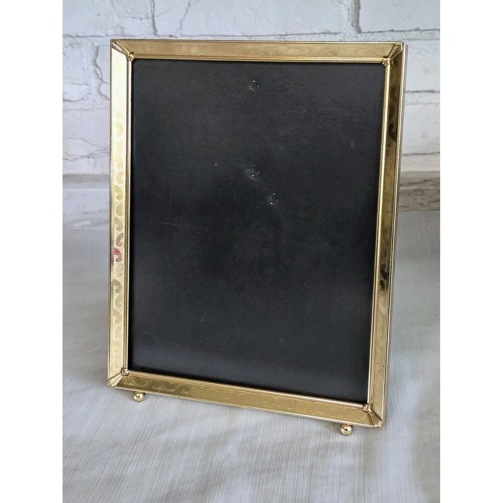 Vintage Etched Scroll‎ Brass Picture Photo Frame 8x10 Shiny Gold Tone Footed MCM